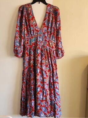 Caroline Constas Red Floral V-Neck Midi Dress